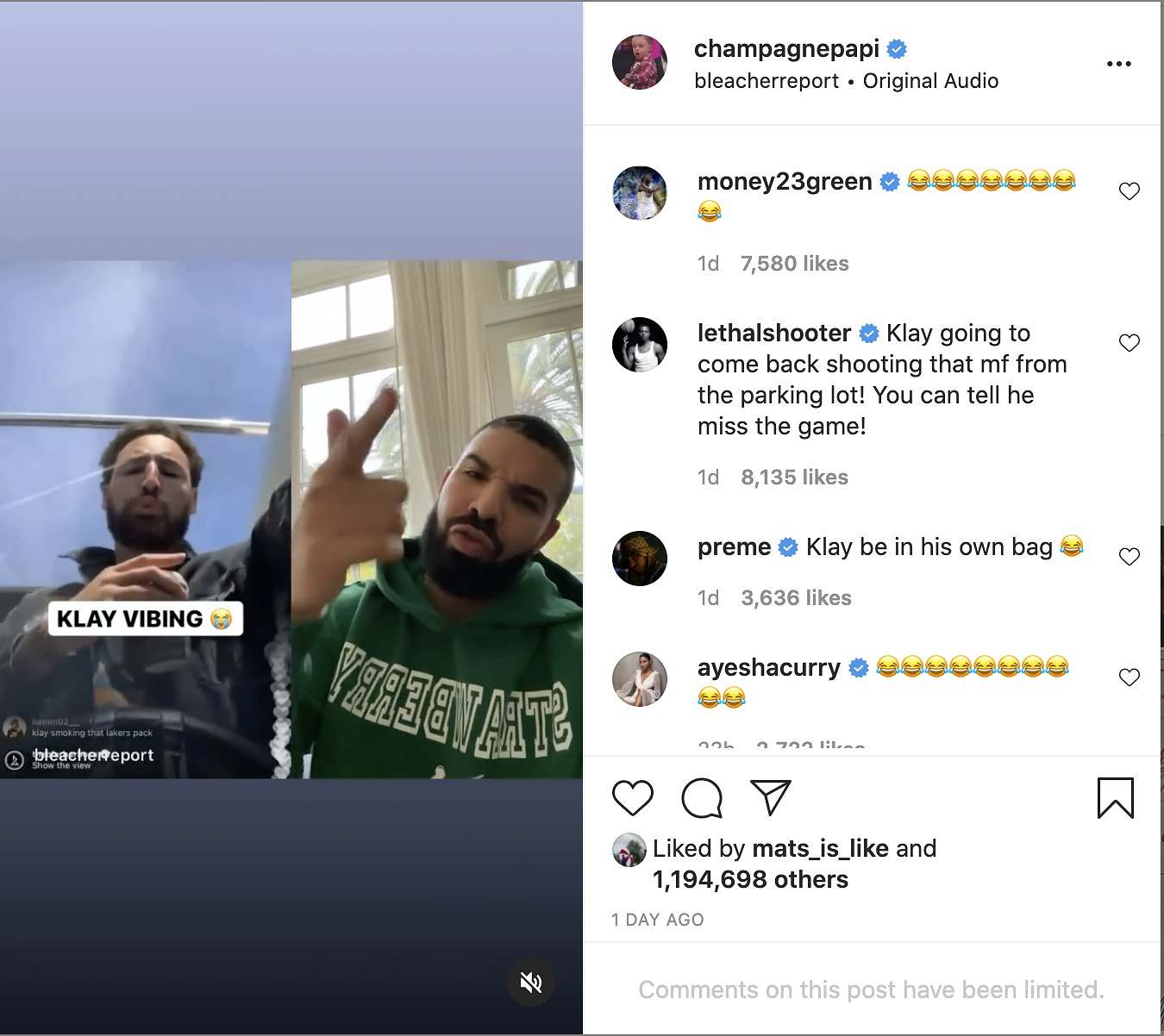 Watch Drake Troll Viral Klay Thompson Boating Video With Side-By-Side Reenactment On Instagram Reels